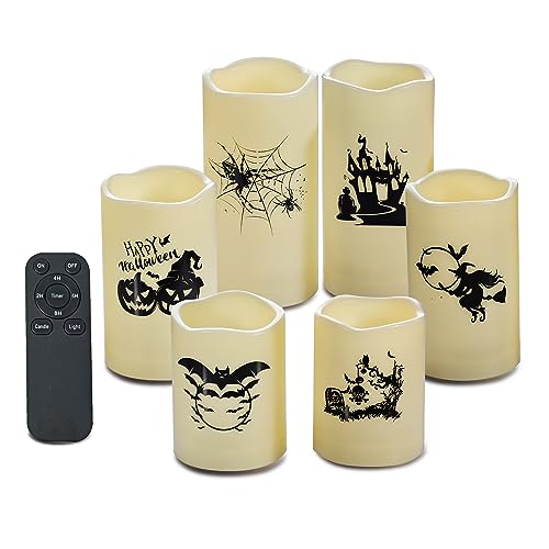 Halloween Outdoor Flameless LED Candles Set of 6 - Ivory, 3 Sizes with Remote Timer