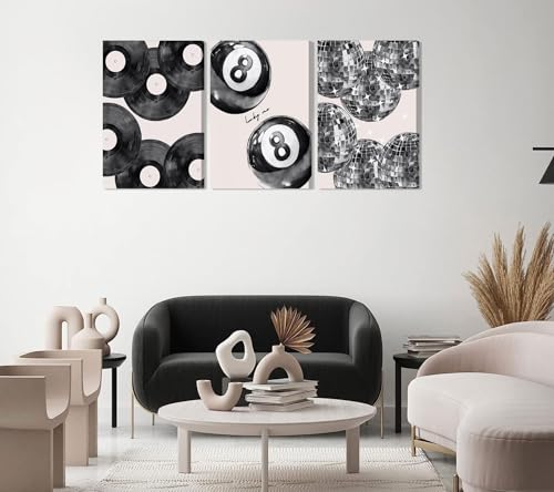 Disco Canvas Wall Art Set - Lucky 8 Ball, Vinyl Record & Disco Ball Prints, 24x16 Inches with Frame