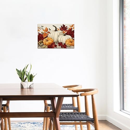 Autumn Pumpkin Wall Art Canvas Print - Fall Leaves Thanksgiving Rustic Decor 24x36 with Frame - Pumpkin 1