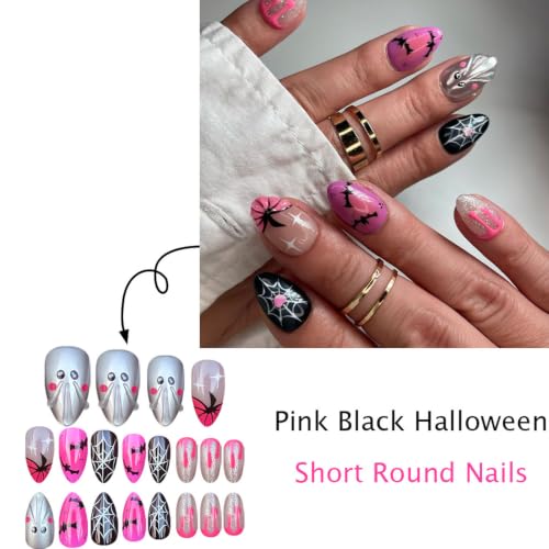 Halloween Press-On Nails Short Almond Fake Nails with Ghost Pumpkin Glitter Bat Spider Web Designs - 24Pcs