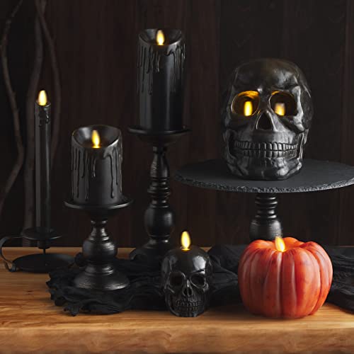 Flameless Skeleton Skull Candle - Black Moving Flame LED Halloween Décor - Small 3.75x4.25 inches