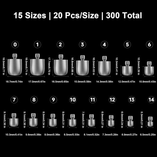 Matte Clear Full Cover Gel Toe Nail Tips - 300 Pcs, 15 Sizes, DIY Square Toenails Variation