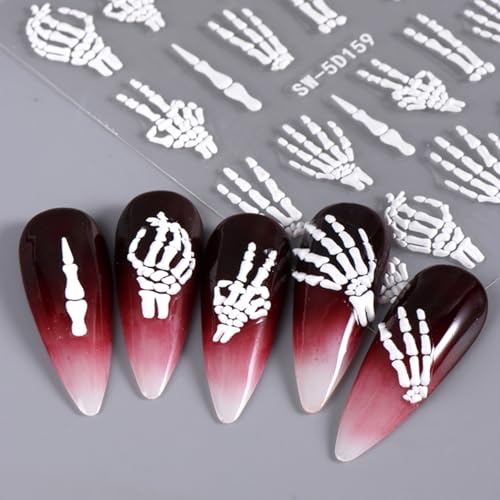 Halloween Nail Stickers 5D Embossed Skull Rose Skeleton Hand Ribs Decor - Rose Skull Variation