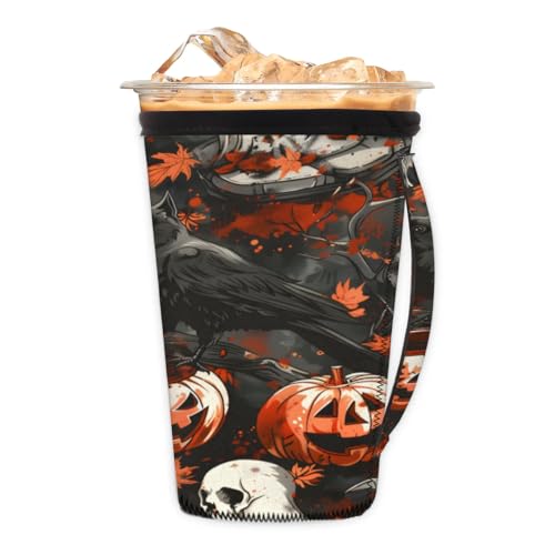 Halloween Crow Reusable Coffee Cup Sleeve for 30-32oz Cold Drinks - Black+Pink - U-Halloween Crow / L