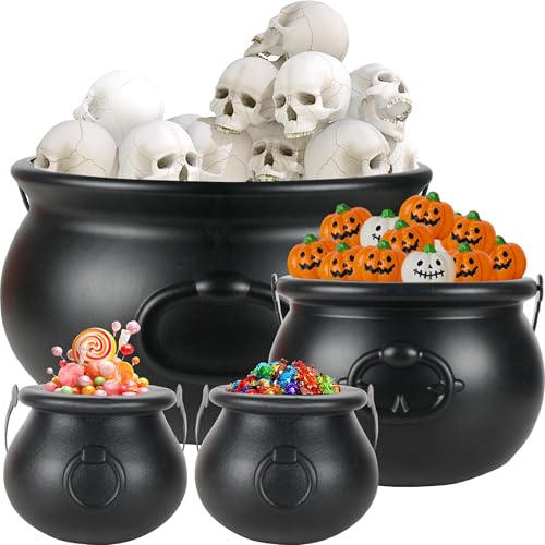 Black Halloween Cauldron Set - 4 Sizes Plastic Witch Kettles for Candy & Party Favors