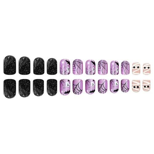 Halloween Short Square Press On Nails with Ghost & Mummy Designs - Purple Glitter, 24pcs, Variation 1196