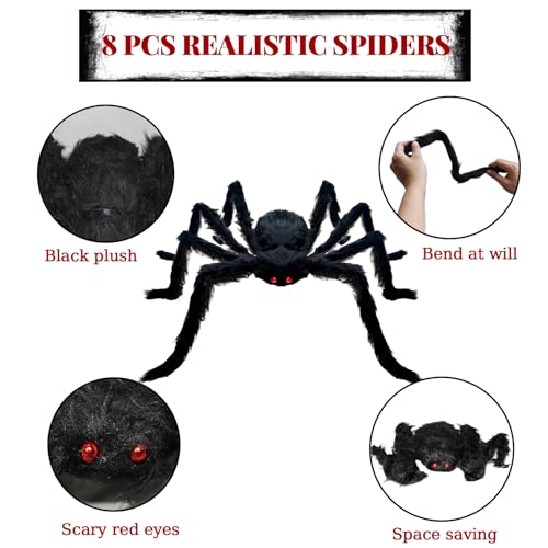 8Pcs Halloween Spider Decorations Set - Realistic Hairy Indoor & Outdoor Spiders