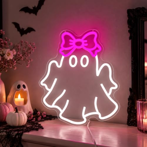 Pink Ghost Neon Sign with Bow - Halloween Wall Decor for Kids' Bedrooms