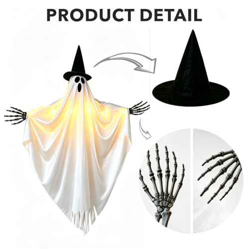 Outdoor Swinging Ghost Halloween Decor with LED Lights, Weather-Resistant Fabric