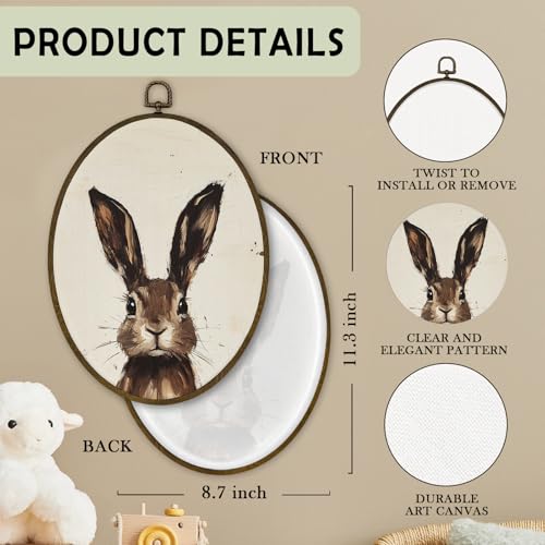 Oval Bunny Easter Wall Art Decor - Farmhouse Rustic Canvas Prints for Nursery & Baby Room - Bunny2 Variation