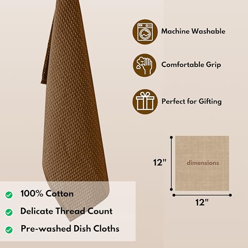 Brown 12x12 Inch Waffle Dish Cloths 18 Pack - Cotton Absorbent Kitchen Towels