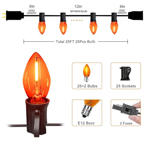 25FT Orange LED Halloween String Lights Waterproof Outdoor - Connectable