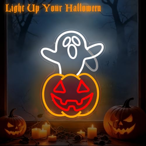 Waving Ghost Neon Sign Halloween LED Light - Spooky Ghost & Pumpkin Decor