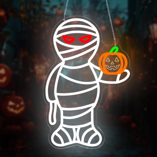Halloween Neon Sign - Mummy and Pumpkin Wall Decor, Dimmable LED USB Light