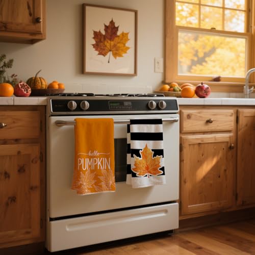 Fall Kitchen Towels Set - 4 Thick Pumpkin & Maple Leaf Dish Towels for Autumn Decor