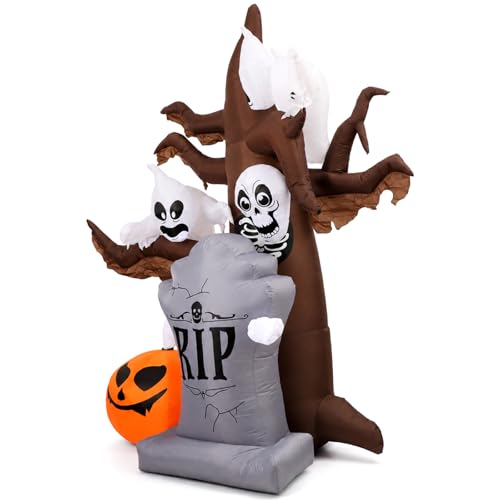 8FT Inflatable Halloween Scary Tree with LED Ghosts and Tombstone Yard Decor