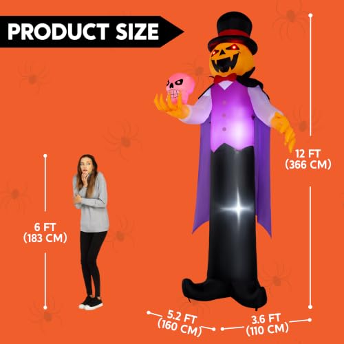 Giant Halloween Inflatable Pumpkin Ghost with Skull & Glowing LED Eyes - 12FT Yard Decoration - Multicolor