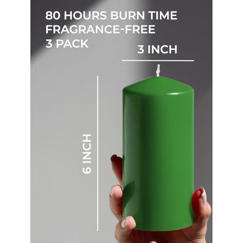 Candwax Green Pillar Candles Set of 3 Cone-Top 6 Inch Christmas Decor