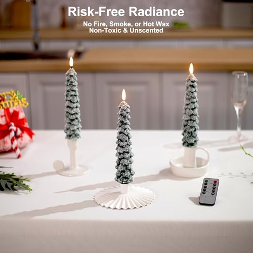 Snow Covered Flameless Christmas Tree Candles Set - 4 Pack, Remote Control, 9.65 Inch