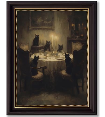 Vbaourut Gothic Black Cat Wall Art - Moody Framed Canvas Decor 16x12