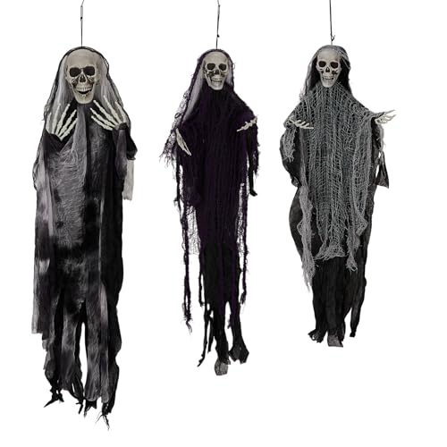 Halloween Decorations 3 Pack Hanging Skeleton Ghosts - Grim Reaper Props with Adjustable Arms