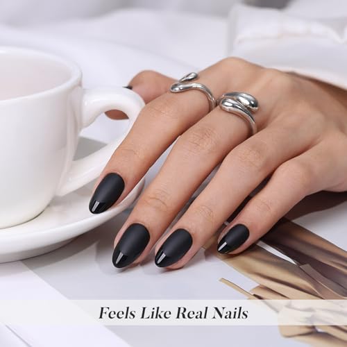 ShangMeng Matte Black Press On Nails with Glossy French Tips, Short Almond Shape, 32 Pieces