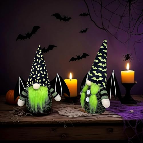 Black Bat Wing Gnomes Halloween Decorations Set of 2 - Plush Handmade Tomte Dolls