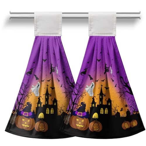 Halloween Pumpkin Castle Hanging Kitchen Towels 2 Pcs Spooky Ghost Bat Hand Towels