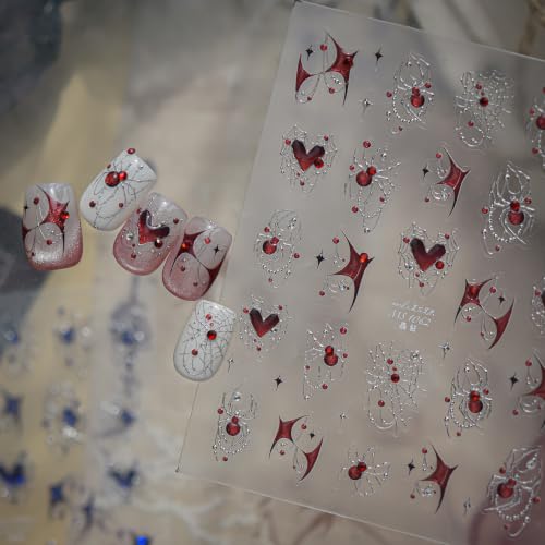 Halloween Red Spider Nail Stickers Set - Silver Web & Rhinestones for Manicure