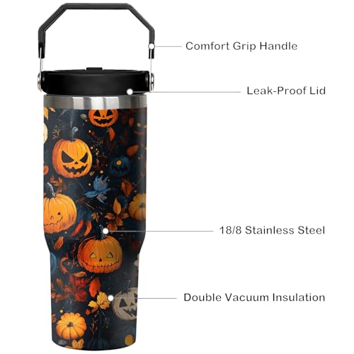 30 oz Halloween Pumpkin Tumbler with Handle & Flip Straw - Spooky Coffee Mug Water Bottle