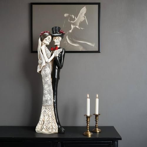 Black and White Skull Wedding Sculpture - Gothic Skeleton Figurine, Hand-Painted Resin Romantic Decor, 13 Inches