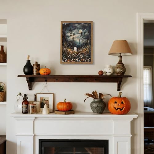 Moonlight Ghost Framed Halloween Wall Art - Spooky Forest Canvas, 24x16 Inch
