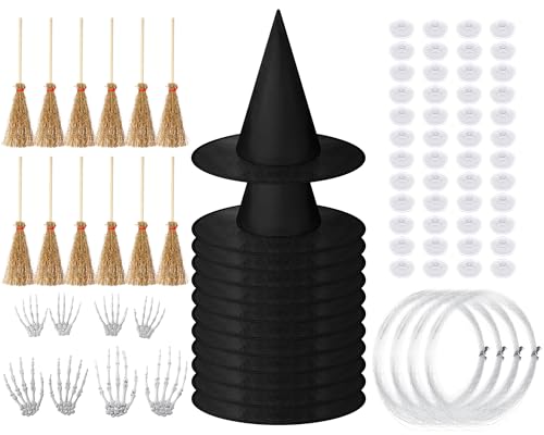 Halloween Hanging Decor Set with Witch Hats Brooms Skeleton Hands - 32 Pieces