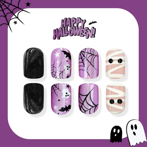 Halloween Short Square Press On Nails with Ghost & Mummy Designs - Purple Glitter, 24pcs, Variation 1196