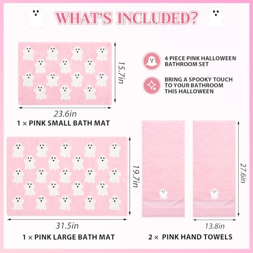 Pink Halloween Ghost Bathroom Rugs and Towels Set - 4 Piece Decor