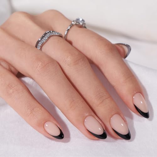 French Tip Short Almond Press On Nails Kit - Black Variation A1