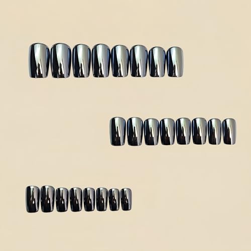 Press On Nails Square Fake Nails Black Silver Chrome - Variation of Black 08-22, 24 Pcs