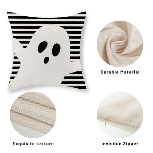 Halloween Pillow Covers 24x24 Set of 2 Ghost Stripe Linen Outdoor Decor - Black & White