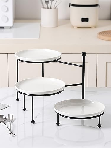 Black 8-Inch 3-Tier Serving Stand with Porcelain Plates for Entertaining