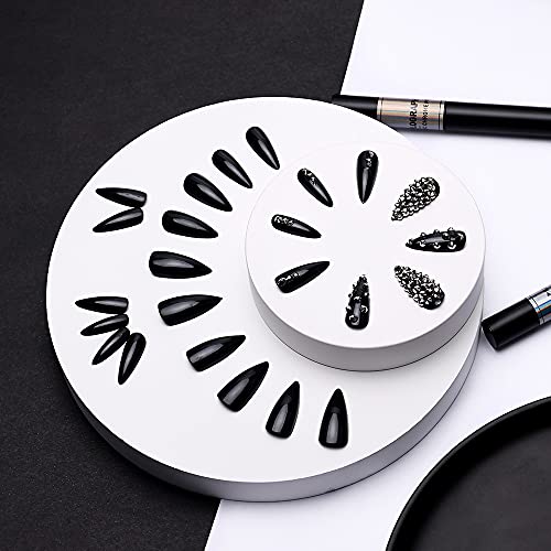 Morily 24pcs Fake Nails Black with Rhinestones - Glossy Crystal, Medium Long Stiletto Almond Press-On Tips for Women