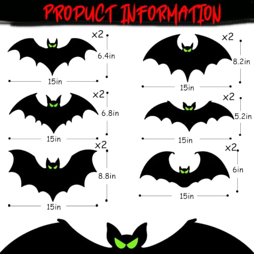 Black Halloween Hanging Bat Decorations - 12 Pcs Realistic Flying Bats with Glowing Eyes