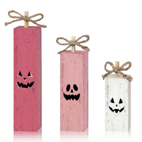 Pink Halloween Wooden Standing Block Decor - Jack-O'-Lantern Face - Pink Halloween Variation