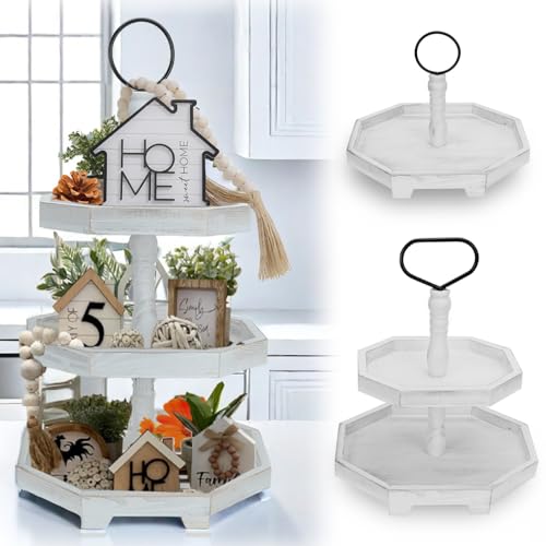 Hexagonal White 3-Tiered Farmhouse Serving Tray Stand - Decorative Wooden Cupcake Display