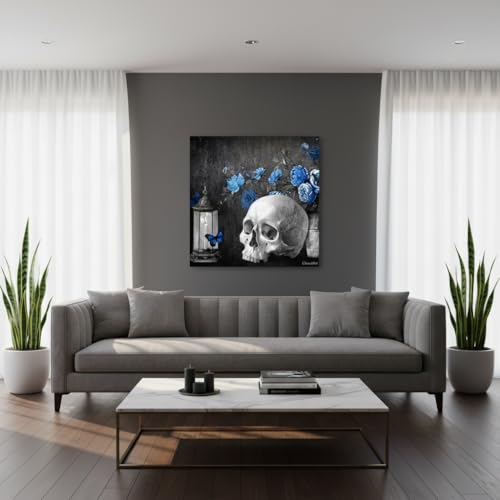 Skull Wall Art Canvas - Skeleton with Blue Rose Rustic Home Decor