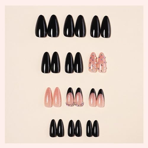 Press On Nails Almond Fake Nails with Glitter Rhinestones Design - Pink Glue On Full Cover False Nails, 24Pcs
