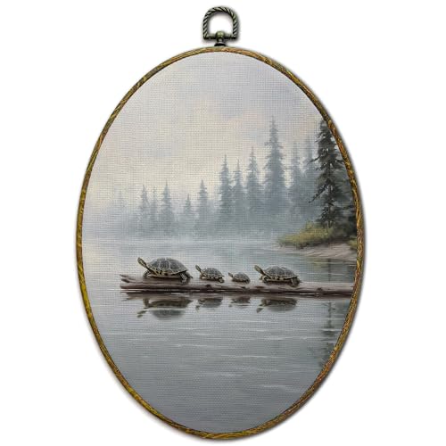 Lake House Turtle Wall Art Decor - Oval Canvas Print, Ready to Hang, 11x8.5 Inches