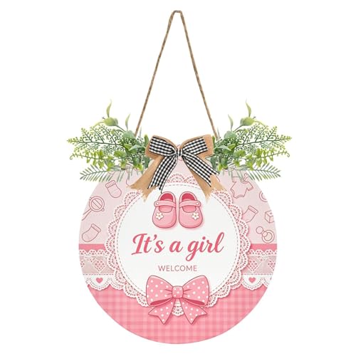 It's a Girl Wreath Door Hanger for Front Door with Plaid Bow Welcome Baby Sign 12in Variation of This Listing
