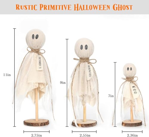 Primitive Halloween Ghost Decorations Set - Wooden Stand & Spooky Crafts, Indoor Halloween Decor, 3 Sizes