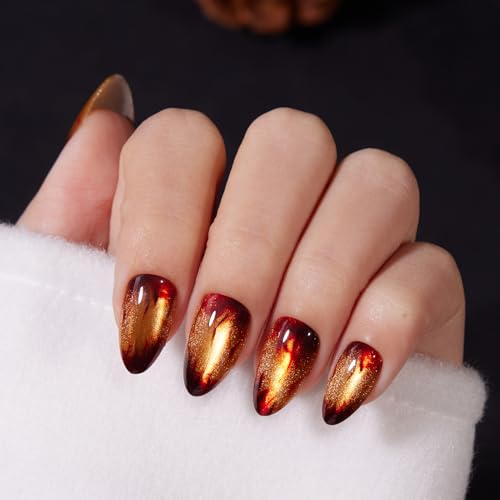 Press On Nails Short Almond with Glitter & Magnetic Effect - Warm Fireplace A2 Variation