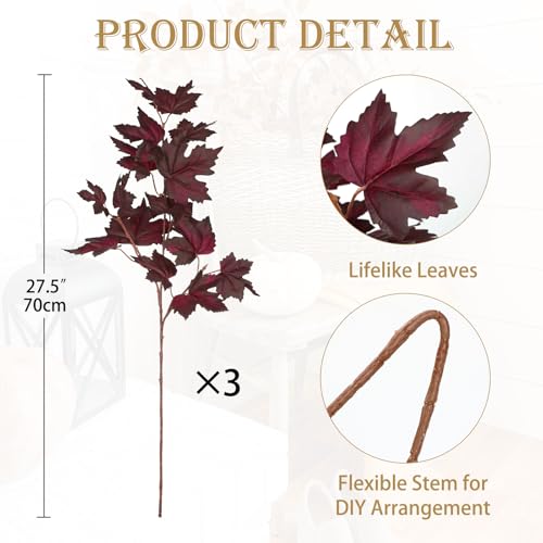 Burgundy Fall Maple Leaf Stems 3-Pack Artificial Autumn Leaves for Home Decor